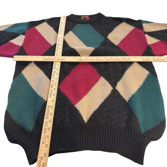 VTG 90s Boston Traders Men's Sweater Large Black 100% Wool Color Block Crewneck - Picture 6 of 13